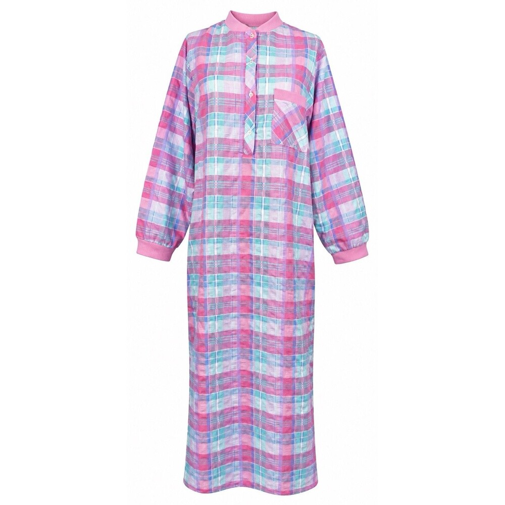 Vintage Saybury Nightgown Womens Pastel Plaid Long Sleeve Henley Cottagecore